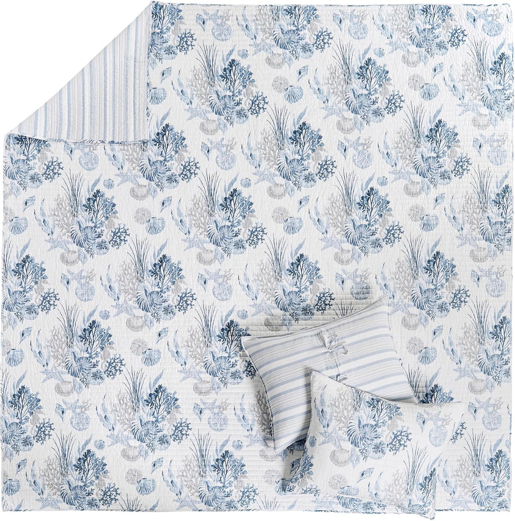 Levtex Home - Coral Landing Quilt Set - Twin Quilt and One Standard Sham - Coastal - Navy Blue Grey White - Quilt (68x86in.) and Sham (20x26in.) - Reversible - Cotton