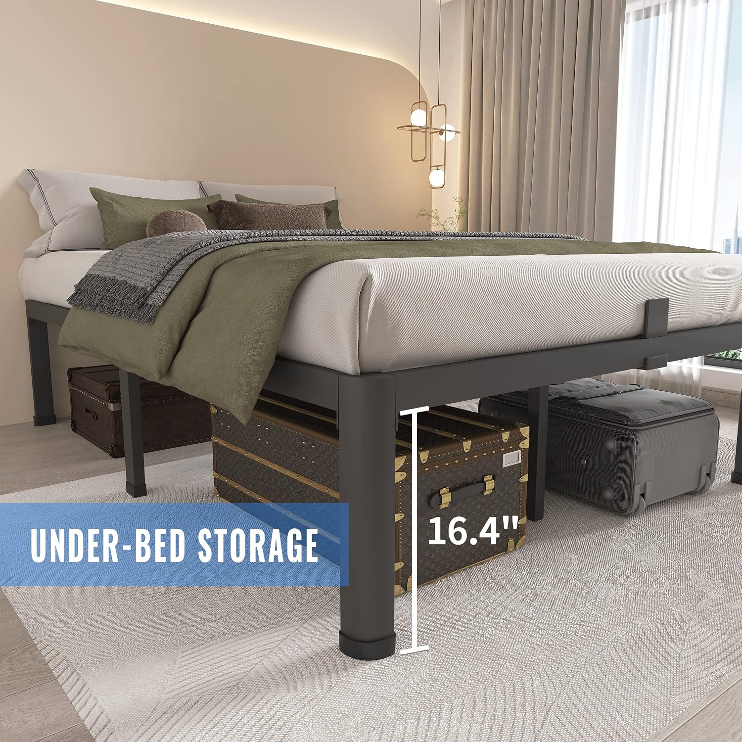 MAF 18 Inch Queen Bed Frames with Round Corner Legs Mattress Slide Stopper No Box Spring Needed Heavy Duty Metal Platform Bed Frame Under-Bed Storage Space, 3000 LBS Steel Slats Support