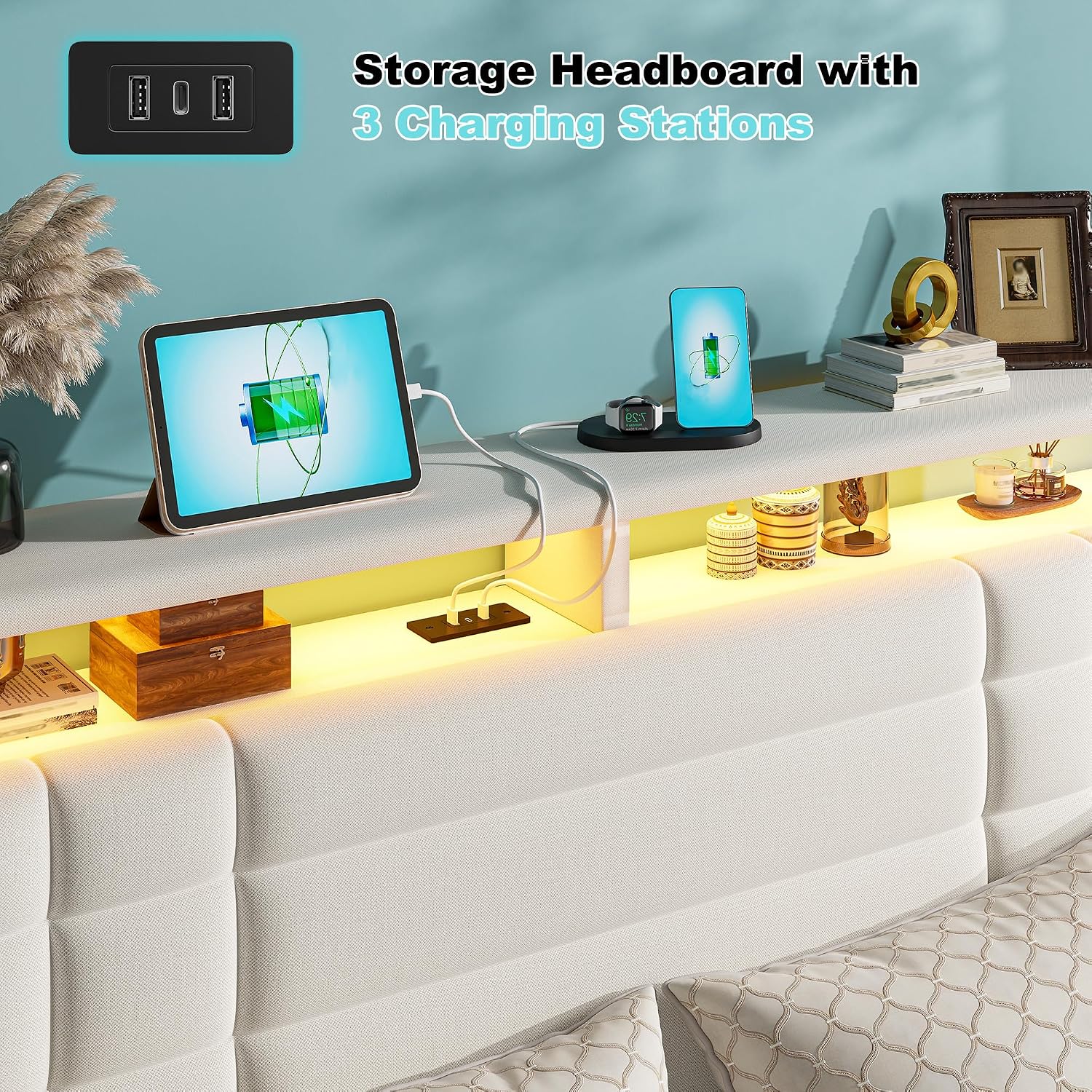 EnHomee Queen Bed Frame with Headboard Upholstered Platform Bed Frame Queen with LED Lights & Charge Station,Wood Slats Support,No Box Spring Needed,Beige