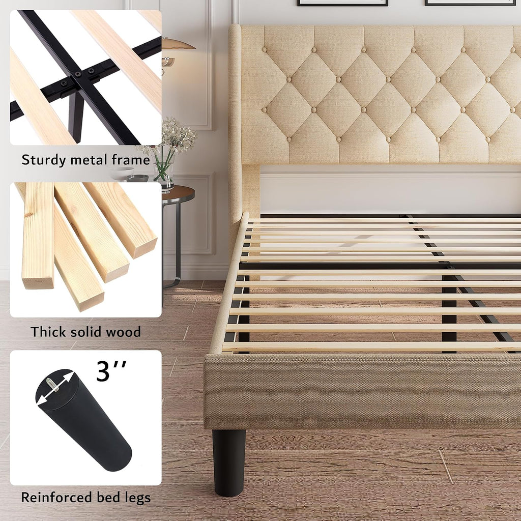 iPormis Full Size Platform Bed Frame with Button Tufted Headboard, Upholstered Bed Frame with Solid Wooden Slats, 8' Underbed Space, No Box Spring Needed, Noise Free, Easy Assembly, Beige