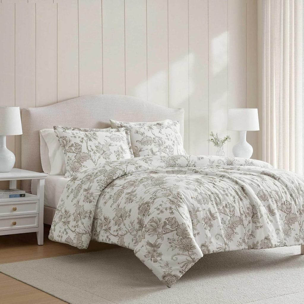 Martha Stewart - Twin Comforter Set, Smooth Sateen Front with Subtle Sheen & Lightweight Cotton Percale Reverse, 2 Piece Bed Set with Matching Pillowcase (Avery Floral Grey)