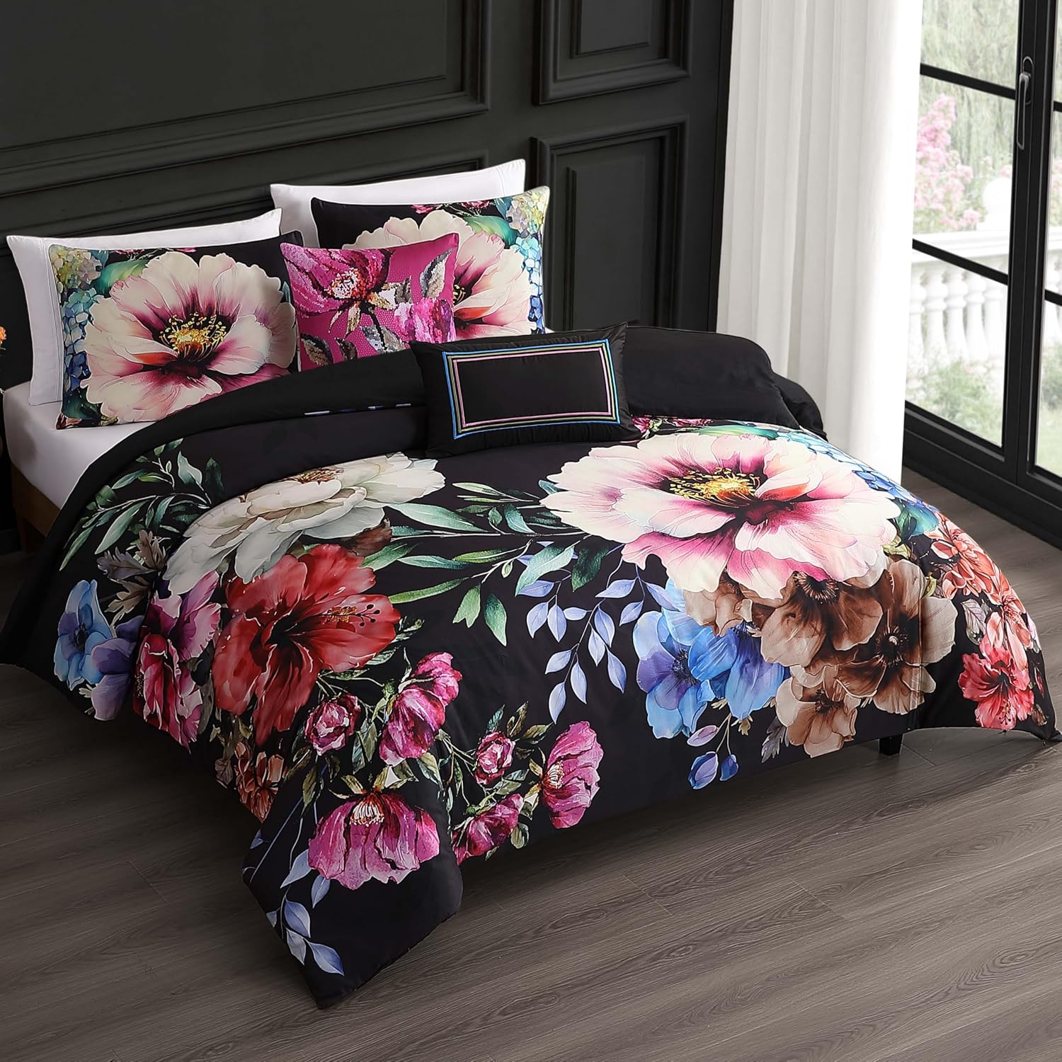 Bebejan Black Night Poppies 5 Piece Comforter Set, 100% Cotton Sateen, 220 Thread Count, Reversible Bedding Comforter Set, 1 Comforter, 2 Shams & 2 Pillows (Full/Queen)