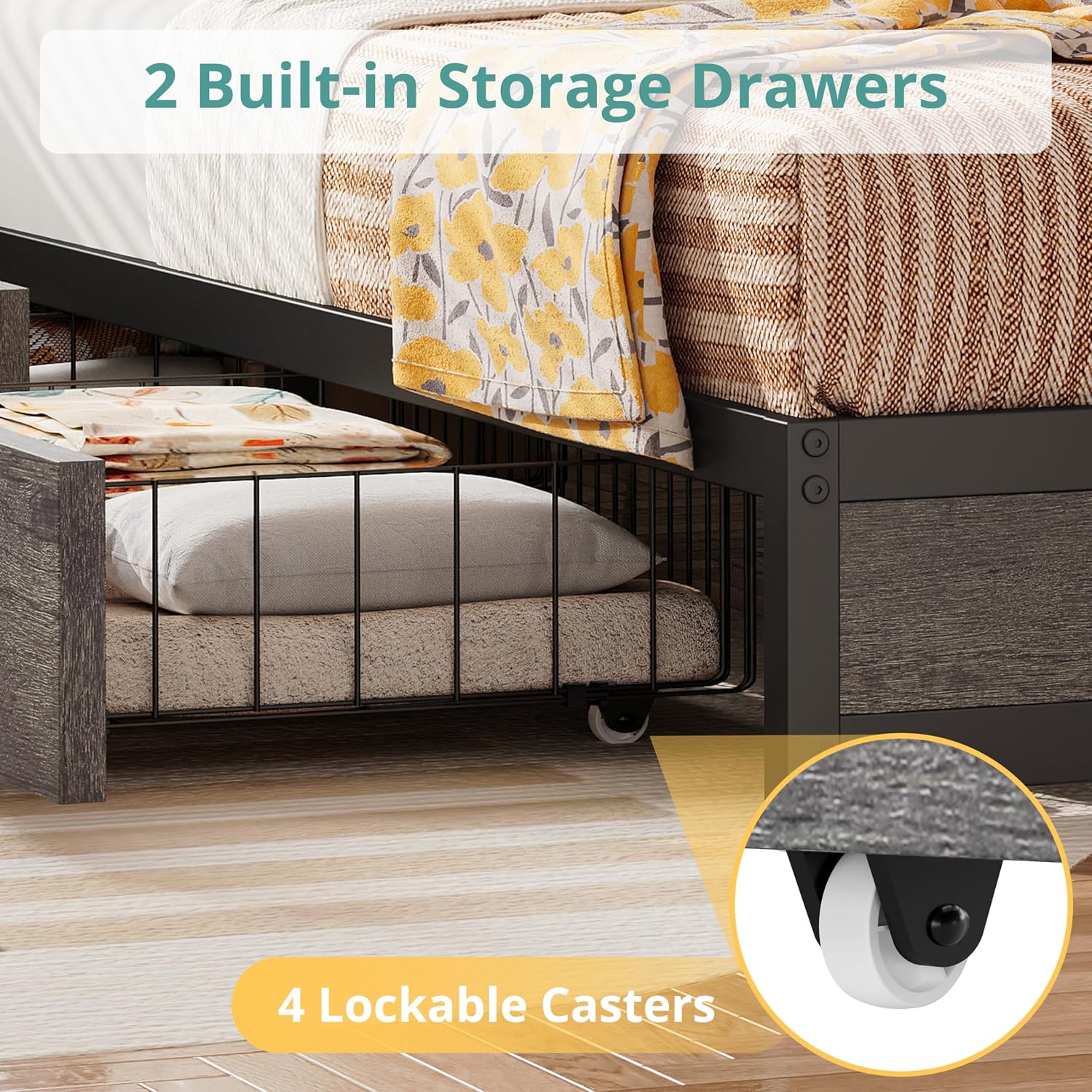 ANCTOR Twin XL Corner Bed Frame with Storage Drawers, Daybed with LED Lights and Charging Station, No Box Spring Needed, Heavy Duty, Easy Assembly for Living Room, Bedroom and Guest Room, Grey