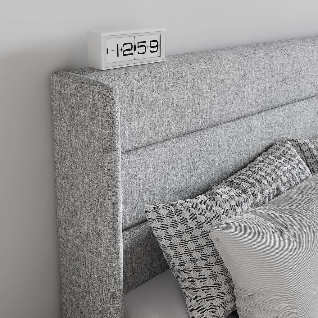 SHA CERLIN Full Size Lift Up Storage Bed/Modern Wingback Headboard/Upholstered Platform Bed Frame/Hydraulic Storage/No Box Spring Needed/Wood Slats Support/Light Grey