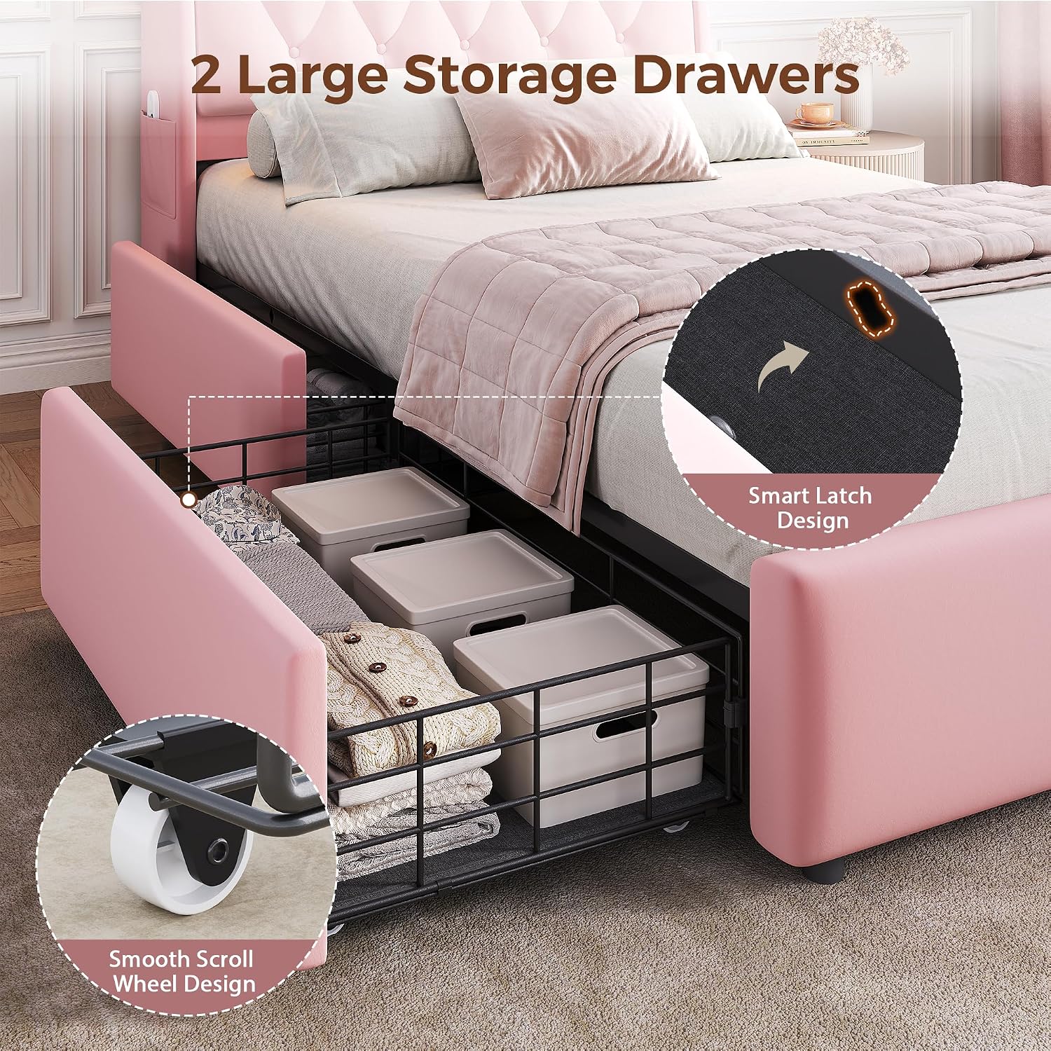 Twin LED Velvet Bed Frame with 2 Storage Drawers&Hidden Headboard, Upholstered Platform Bed with Charging Station&Button Tufted Design, Wooden Slats Support, Box Spring Optional, Easy Assembly, Pink