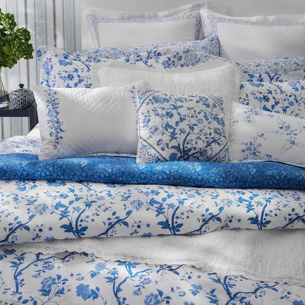 Laura Ashley - King Comforter Set, Soft & Reversible Cotton Bed Set, 4 Piece Floral Bedding with Matching Pillowcases & Bonus Bed Skirt (Charlotte Blue)