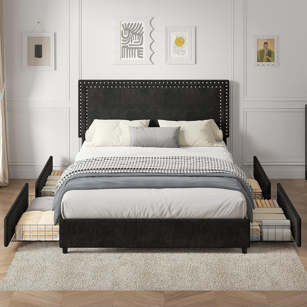 VECELO Full Size Upholstered Bed Frame with 4 Storage Drawers, Adjustable Velvet Rivet Decor Headboard, Wooden Slats Platform Support, No Box Spring Needed, Easy Assembly,Black