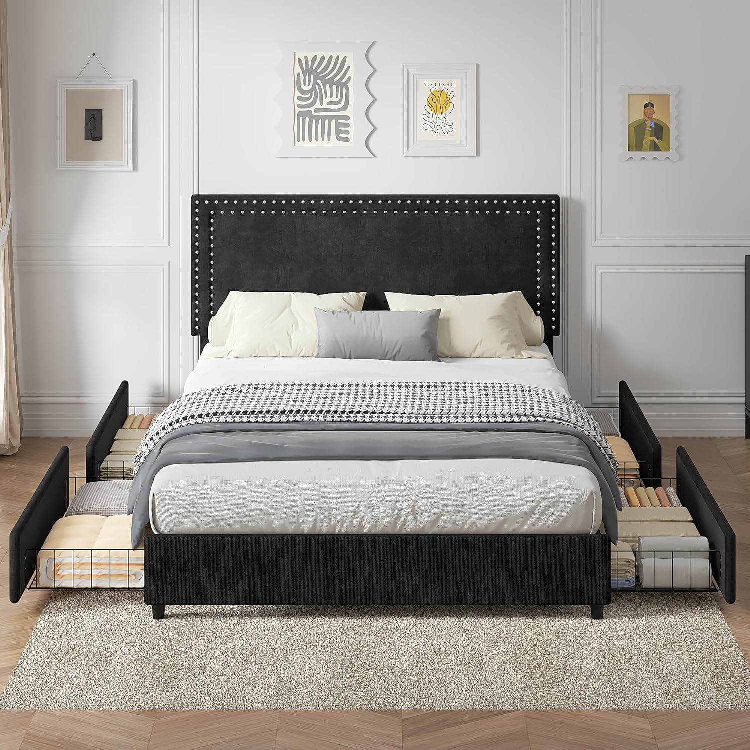 VECELO Full Size Upholstered Bed Frame with 4 Storage Drawers, Adjustable Velvet Rivet Decor Headboard, Wooden Slats Platform Support, No Box Spring Needed, Easy Assembly,Black