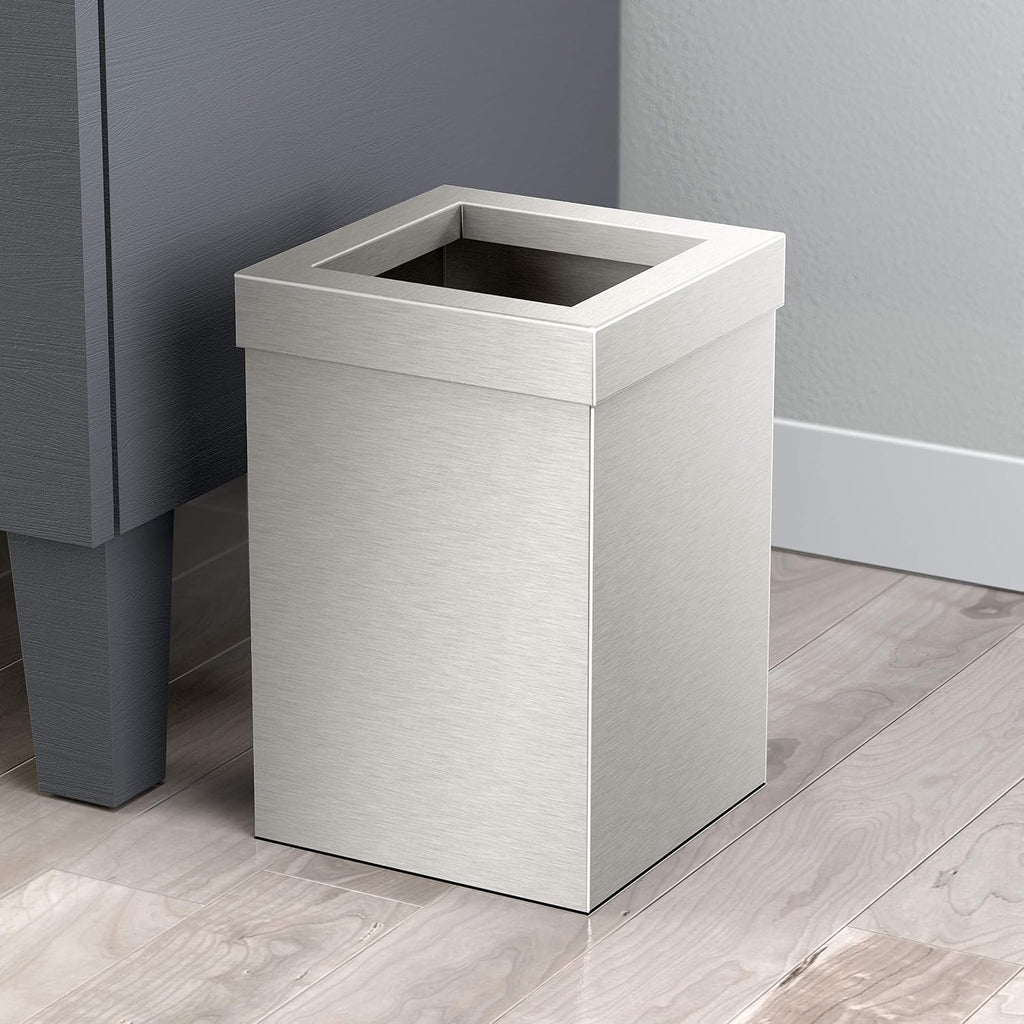 Gatco Small Bathroom Trash Can with Lid and Toilet Brush Set, Square 3 Gallon Stainless Steel Wastebasket, Under Sink, Satin Nickel, for Bathroom, Bedroom, Office (2971)