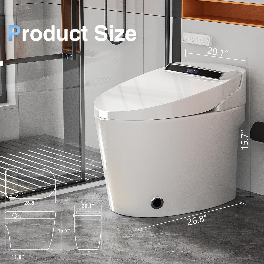Smart Toilet, Heated Toilet Seat with Nightlight, One Piece Toilet for Bathroom, Tankless Toilets for Bathroom with Foot Sensor, LED Display, Warm Water and Dry, Remote Control
