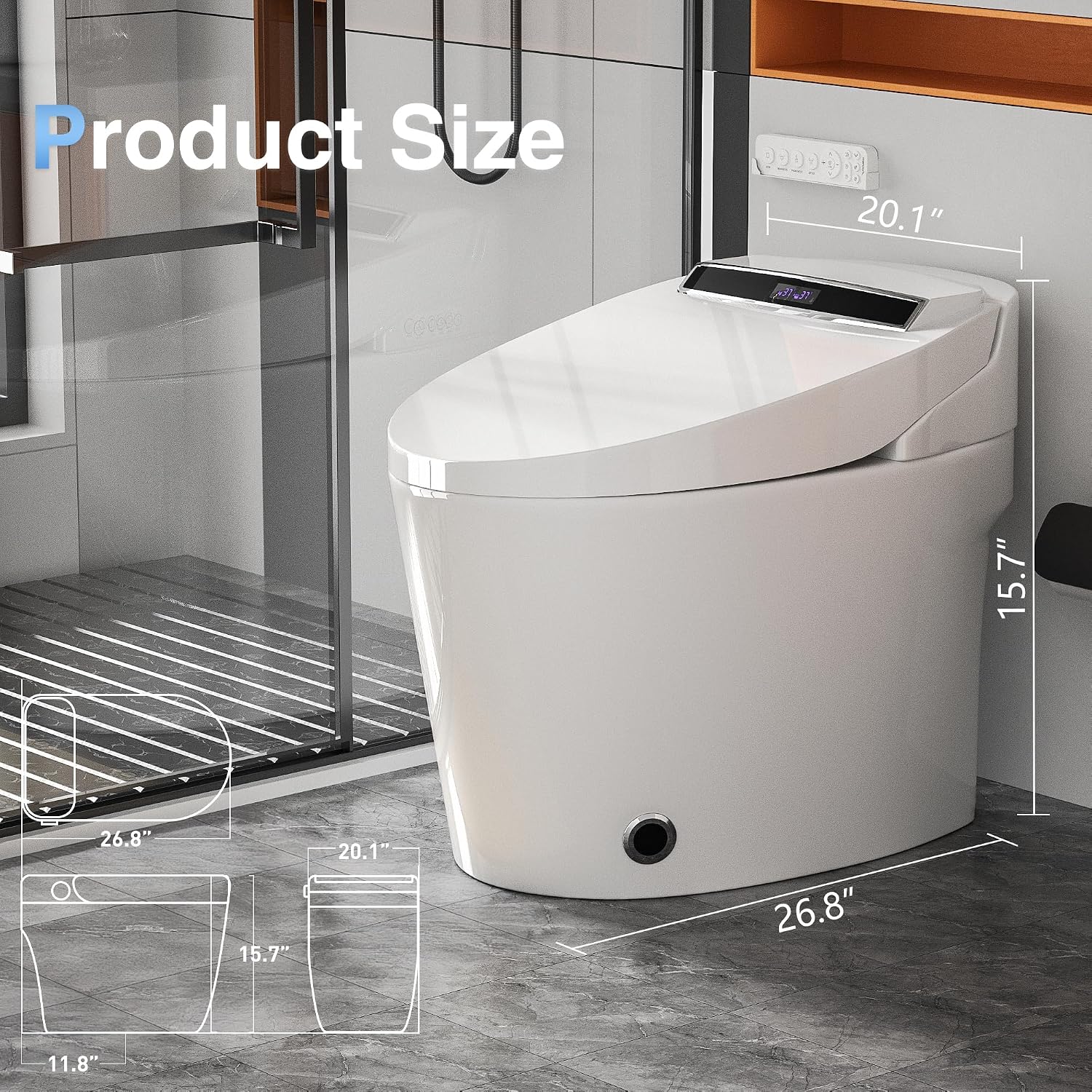 Smart Toilet, Heated Toilet Seat with Nightlight, One Piece Toilet for Bathroom, Tankless Toilets for Bathroom with Foot Sensor, LED Display, Warm Water and Dry, Remote Control