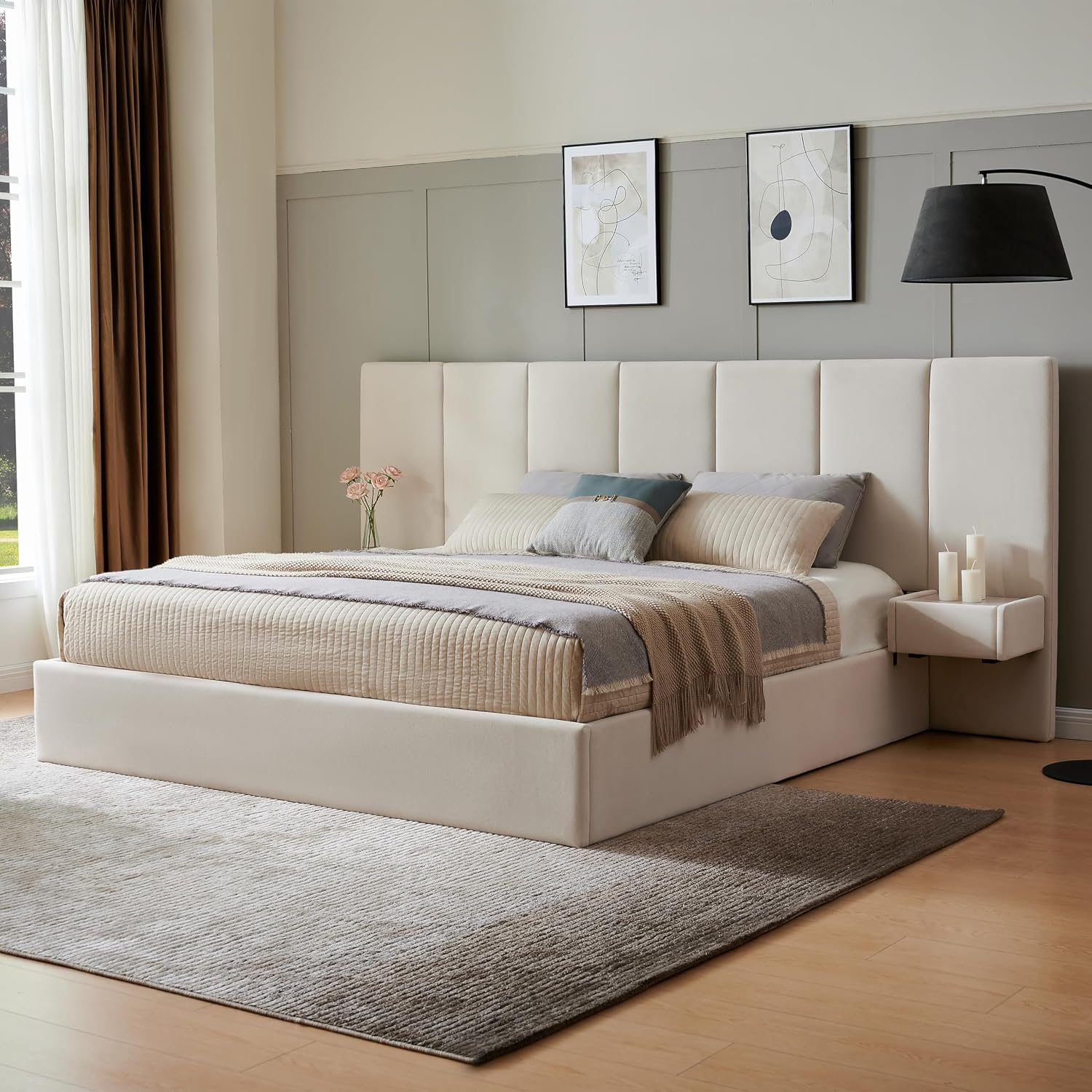 King Size Upholstered Platform Bed Frame with Lift-Up Storage, Velvet Headboard & Built-in Nightstands, No Box Spring Needed, Beige