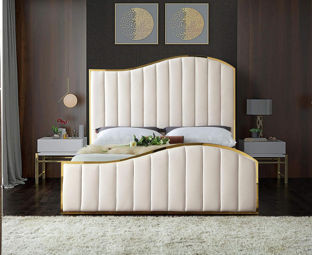Meridian Furniture Jolie Collection Modern | Contemporary Velvet Upholstered Bed With Channel Tufting, And Polished Gold Metal Frame, Cream, King