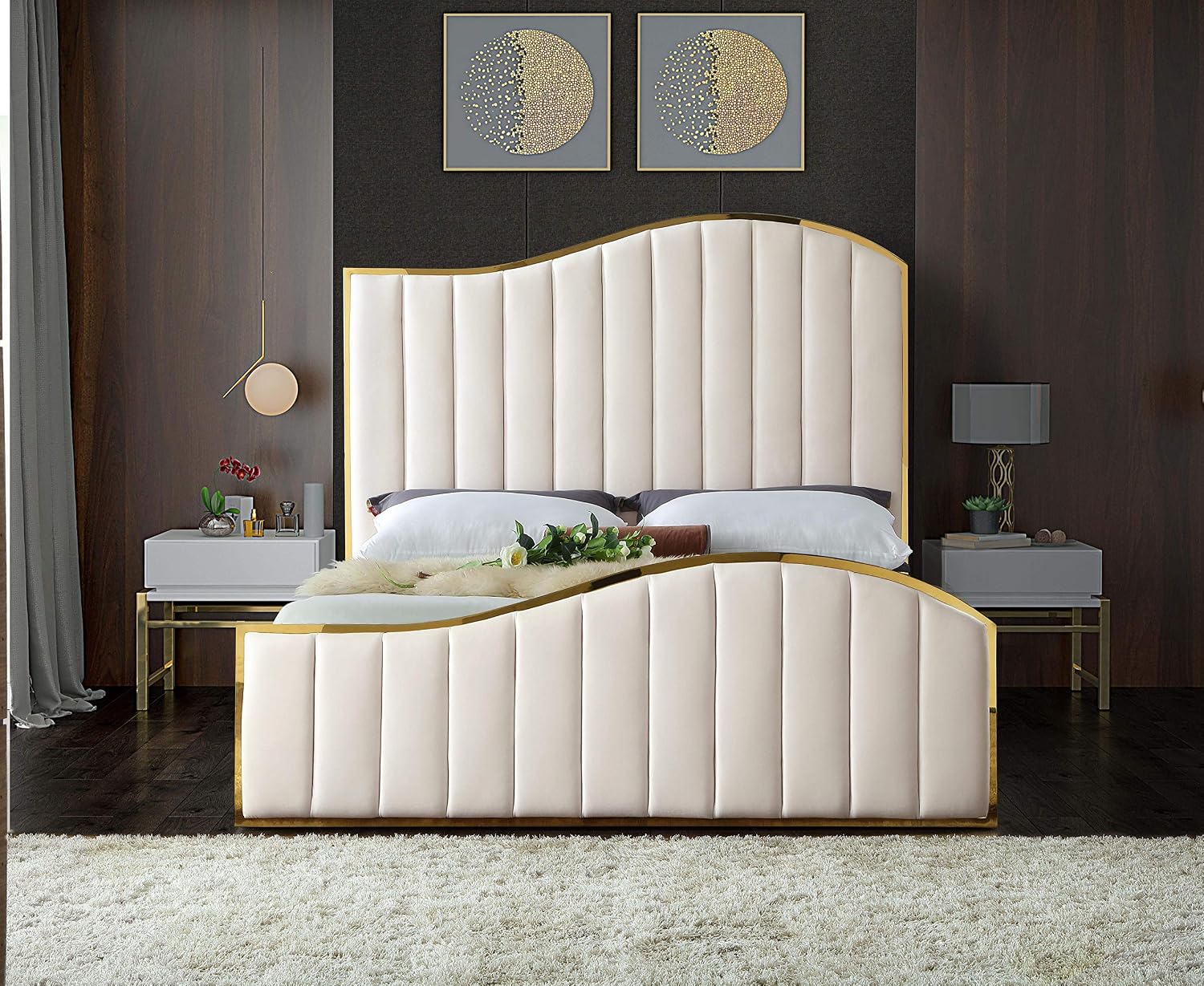 Meridian Furniture Jolie Collection Modern | Contemporary Velvet Upholstered Bed With Channel Tufting, And Polished Gold Metal Frame, Cream, King