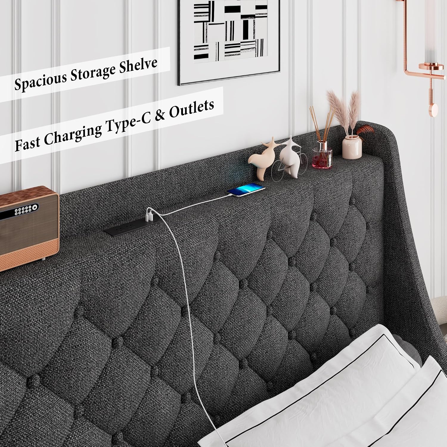 iPormis Full Size Bed Frame with 4 Storage Drawers, Upholstered Platform Bed Frame with Type-C & USB Ports, Wingback Storage Headboard, Solid Wood Slats, No Box Spring Needed, Dark Gray