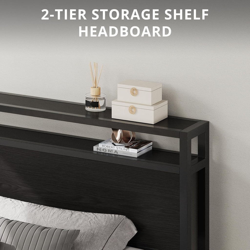 LIKIMIO Full Bed Frame with Headboard, Dark Wood Camas Full with Strong Supports, Sturdy, Noise-Free, No Box Spring Needed, Classic Black