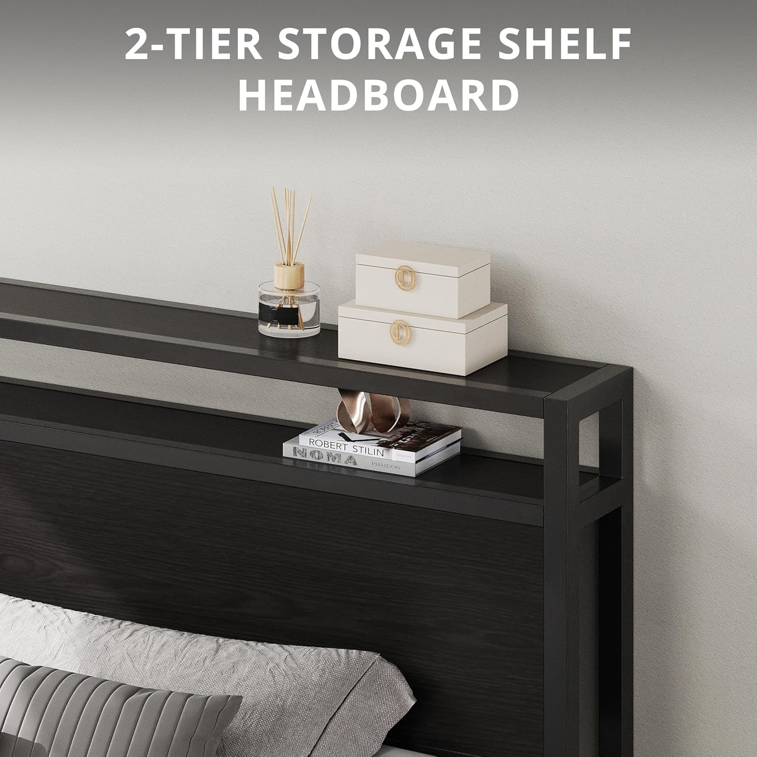 LIKIMIO Full Bed Frame with Headboard, Dark Wood Camas Full with Strong Supports, Sturdy, Noise-Free, No Box Spring Needed, Classic Black