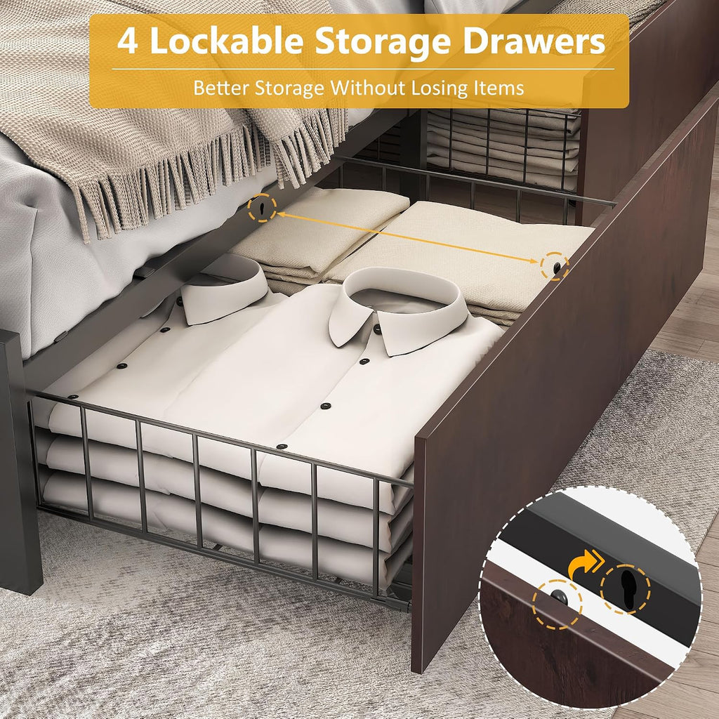Lifezone Full Bed Frame with 2-Tier Storage Headboard, Metal Platform Bed Frame with 4 Storage Drawers, Built in Charging Station & LED, Noise-Free/Metal Support/No Box Spring Needed, Coffee Brown