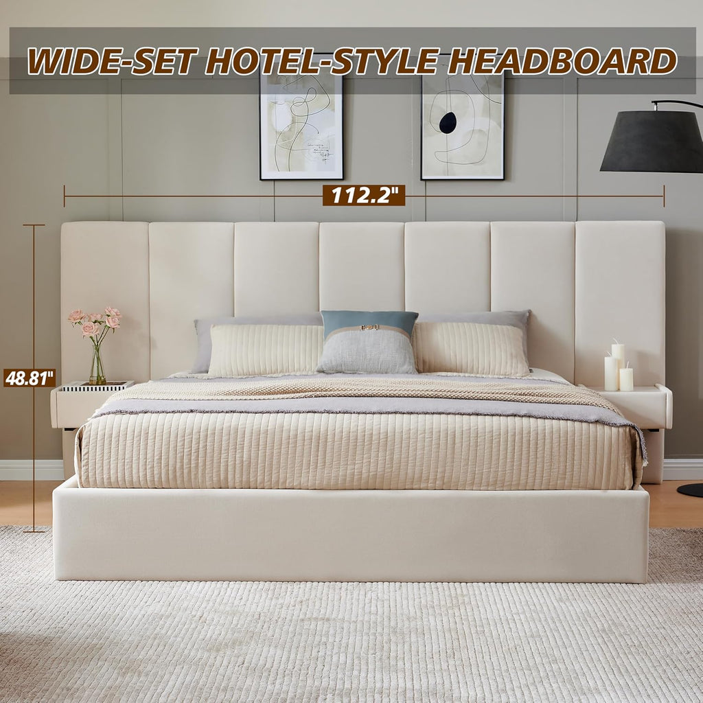 King Size Upholstered Platform Bed Frame with Lift-Up Storage, Velvet Headboard & Built-in Nightstands, No Box Spring Needed, Beige