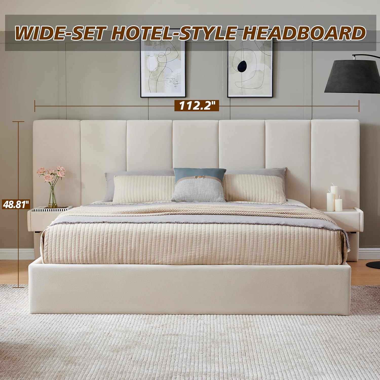 King Size Upholstered Platform Bed Frame with Lift-Up Storage, Velvet Headboard & Built-in Nightstands, No Box Spring Needed, Beige