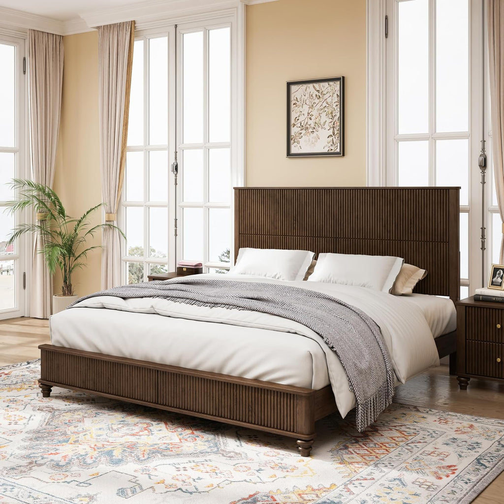 King Size Solid Wood Platform Bed Frame, Wood Platform Bed Frame with 79.13' Headboard, Solid Wood Leg/No Box Spring Needed/Noise Free/Brown