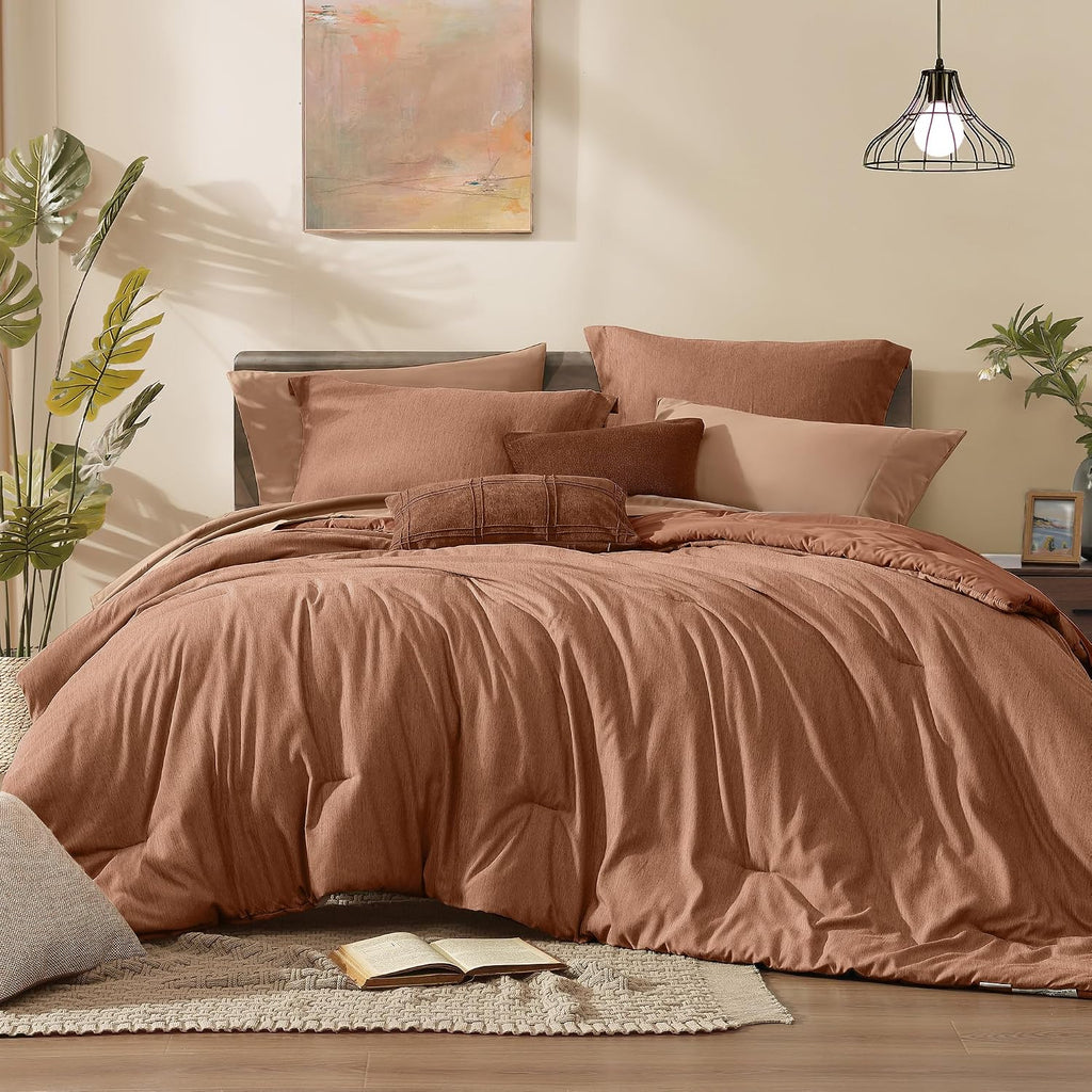 Monbix Super King Plus Comforter Set, Autumn Leaf Cationic Dyeing Bedding Set Reversible, Bed in a Bag 7 Pieces with Comforter, Sheets, Pillowcases & Shams