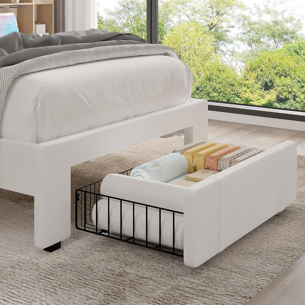 VECELO Twin Size Upholstered Bed Frame with Drawer and Headboard, Velvet Platform Storage Bedframe, Wooden Slats Support, No Box Spring Needed, White