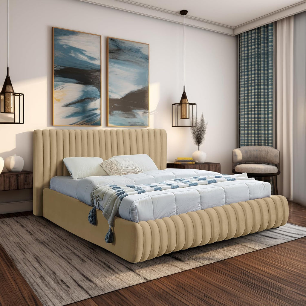 Meridian Furniture NicoCamel-K Nico Collection Modern | Contemporary Velvet Upholstered King Bed with Rich Camel Velvet and Deep Channel Tufting, 89' W x 91' D x 38' H, Camel, King