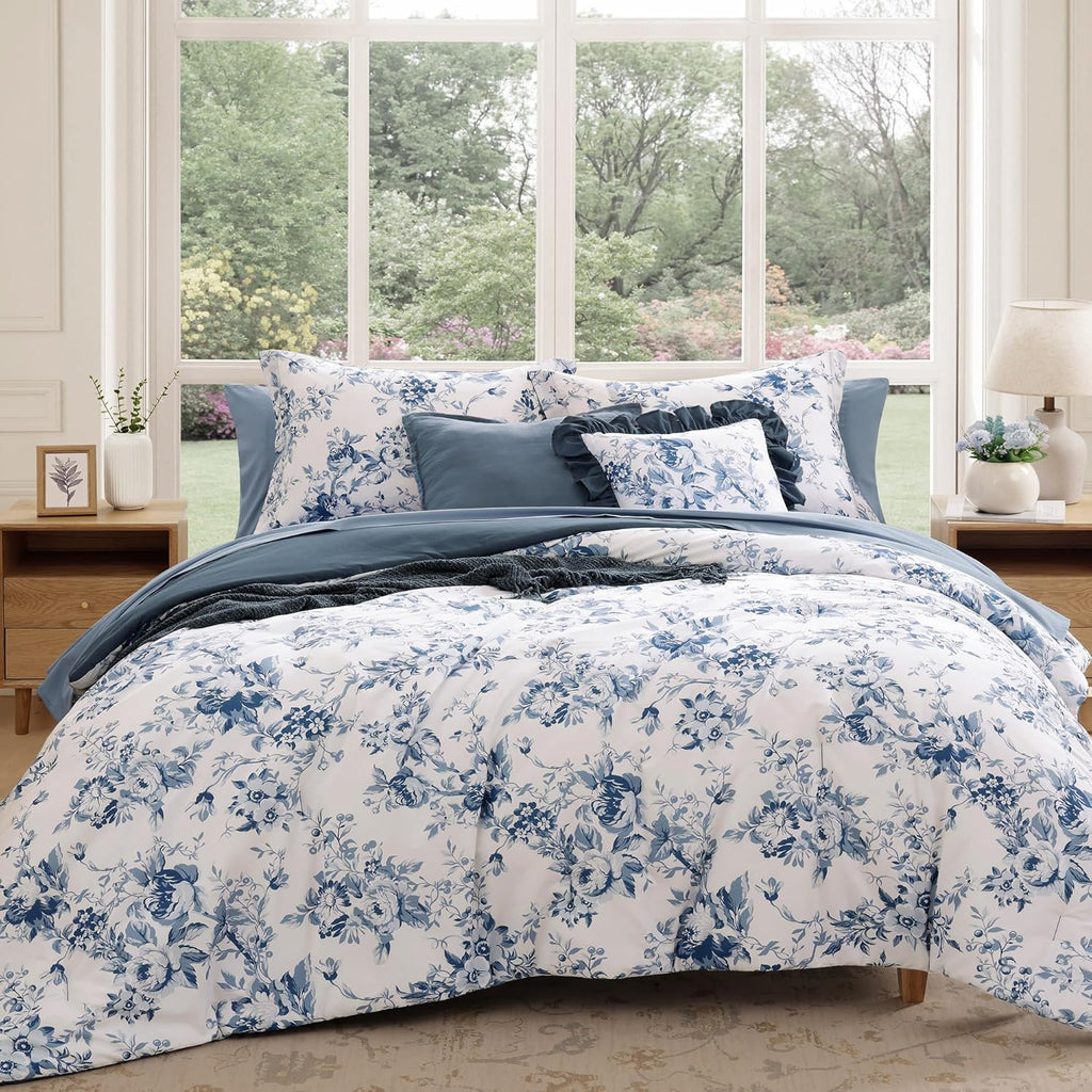 BLOOMHAVEN Oversized King Comforter Set -7 Pieces Floral Rain Washed Bedding Set for All Seasons, Bed in a Bag with Botanical Flowers Comforter, Sheets, Pillowcases & Shams