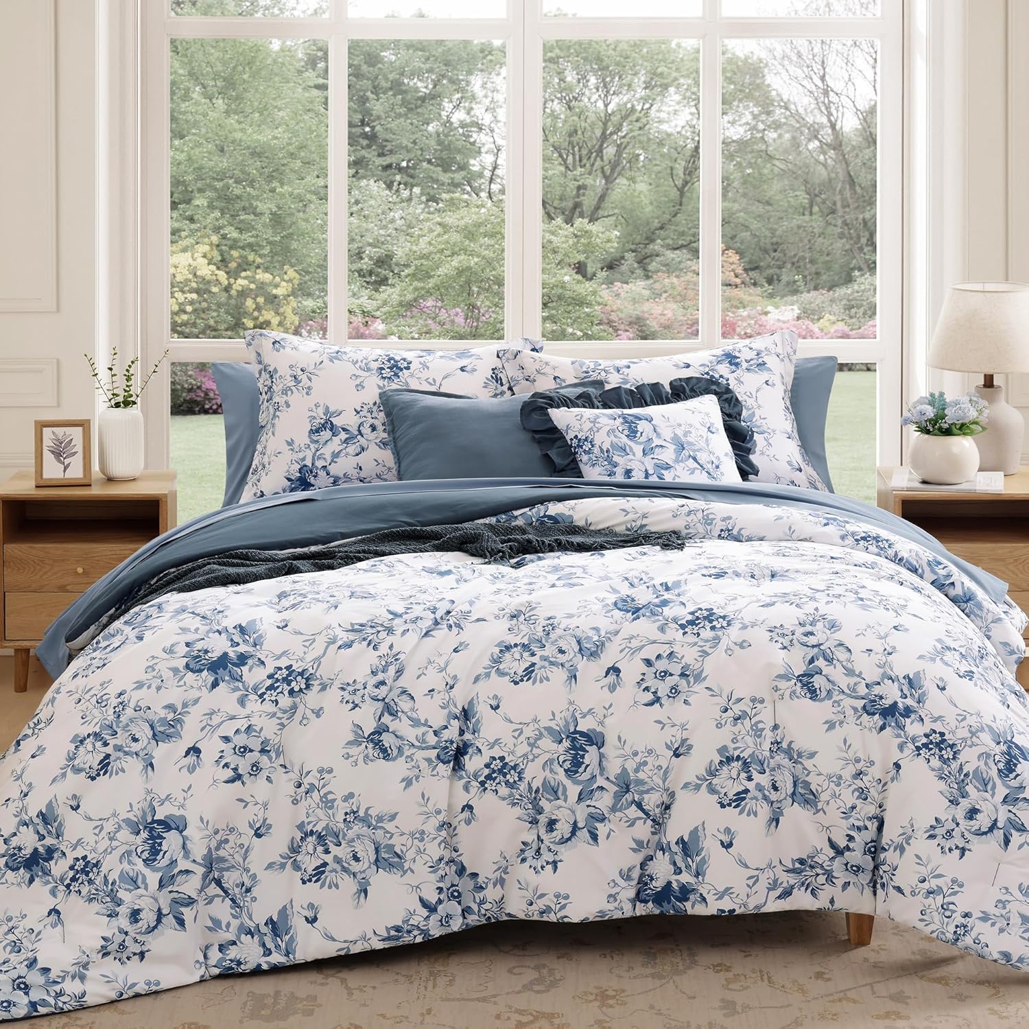 BLOOMHAVEN Oversized King Comforter Set -7 Pieces Floral Rain Washed Bedding Set for All Seasons, Bed in a Bag with Botanical Flowers Comforter, Sheets, Pillowcases & Shams