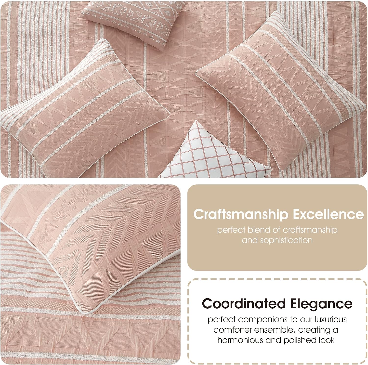 Stratford Park Cotton King Size Comforter Set, Blush Geometric Jacquard Bedding Set, Cozy 6 Piece Bedding Set, Bedskirt, Pillows & Shams, Home Decor
