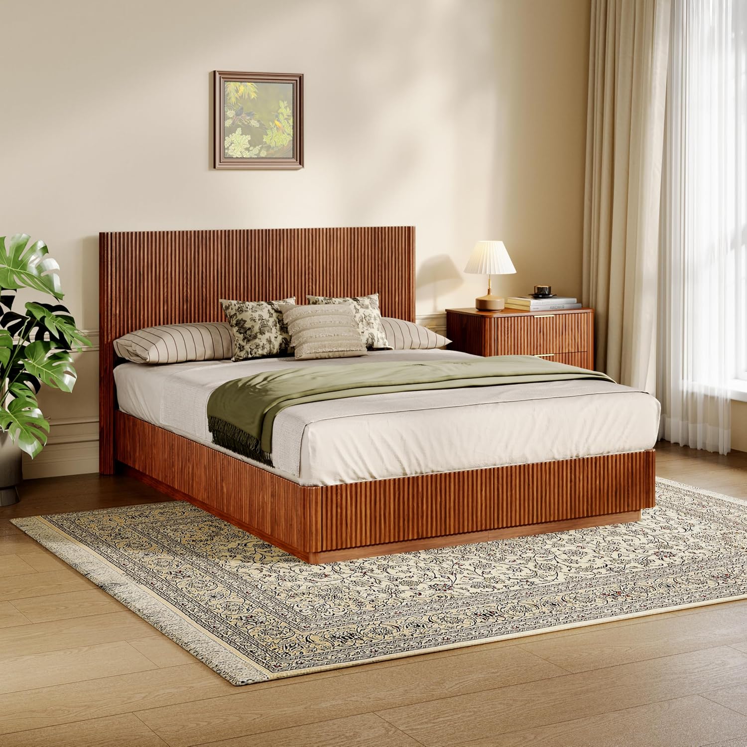 ivoros Mid Century Modern Bed Frame Queen Size, Fluted Platform Bed Frame with Headboard, Wood and Steel Platform Beds with LED Lights, Heavy Metal Frame Support, No Box Spring Needed, Walnut