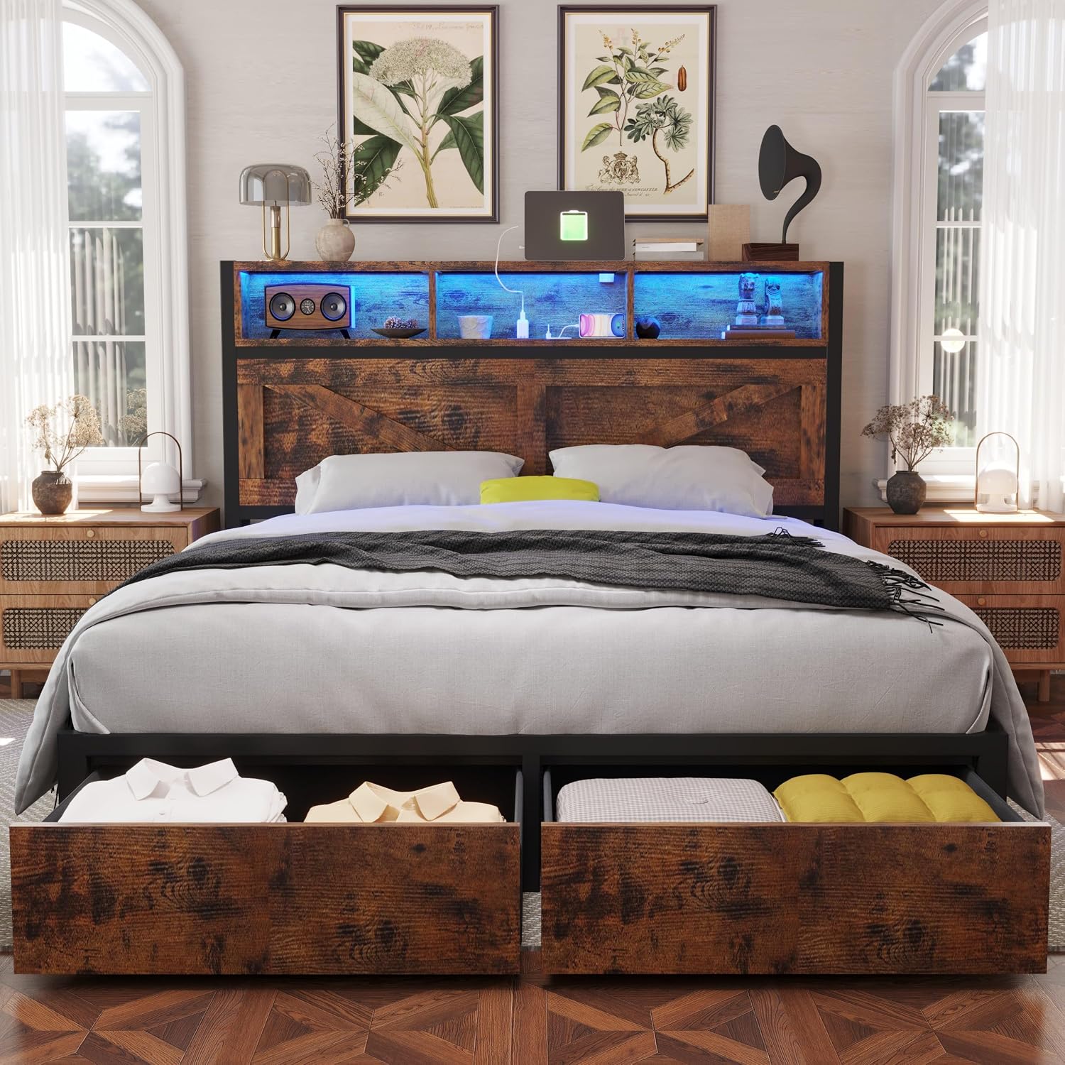 Farmhouse Queen Bed Frame with Bookcase Headboard and Storage Drawers, LED Lights and Charging Station, No Box Spring Needed, Noise Free, Rustic Brown