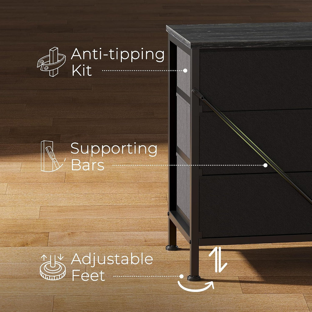 Huuger 70 Inch Dresser for Bedroom, TV Stand for 65, 75, 80 Inch TV,12 Fabric Drawer Long Dresser, Large Storage Organizer Unit, Chest of Drawer for Bedroom, Charcoal Black Wood Grain Print