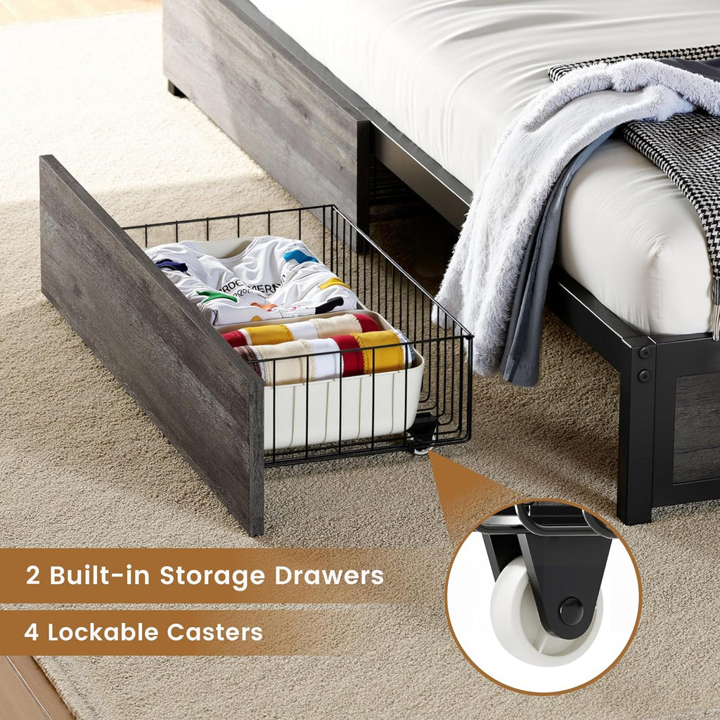 ANCTOR Twin Corner Bed Frame with Storage Drawers, Daybed with LED Lights and Charging Station, No Box Spring Needed, Heavy Duty, Easy Assembly for Living Room, Bedroom and Guest Room, Grey
