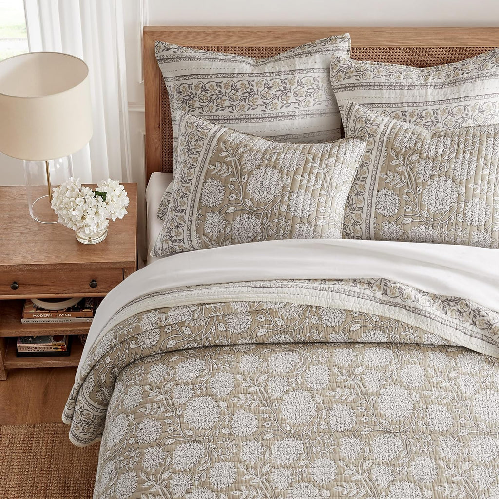 Levtex Home – Adare Taupe Bedspread Set – Twin Bedspread (80x106in.) and 1 Standard Sham (20x26in.) – Floral Botanical Design – Taupe and White – Reversible – Cotton