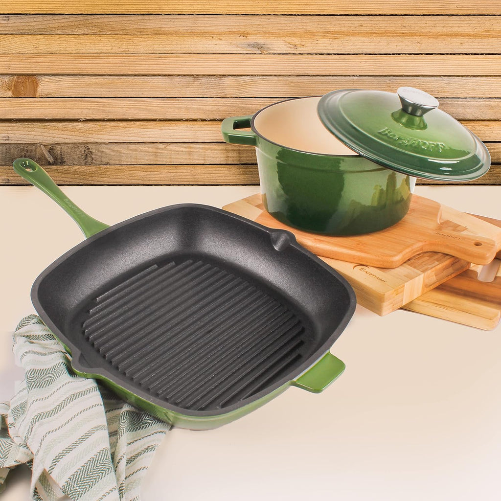BergHOFF 3Pc Neo Enameled Cast Iron Cookware Set, 3qt. Dutch Oven, Matching Lid, Square Grill Pan 11 Inches, Oven Safe Up To 400°F, Green