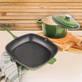 BergHOFF 3Pc Neo Enameled Cast Iron Cookware Set, 3qt. Dutch Oven, Matching Lid, Square Grill Pan 11 Inches, Oven Safe Up To 400°F, Green