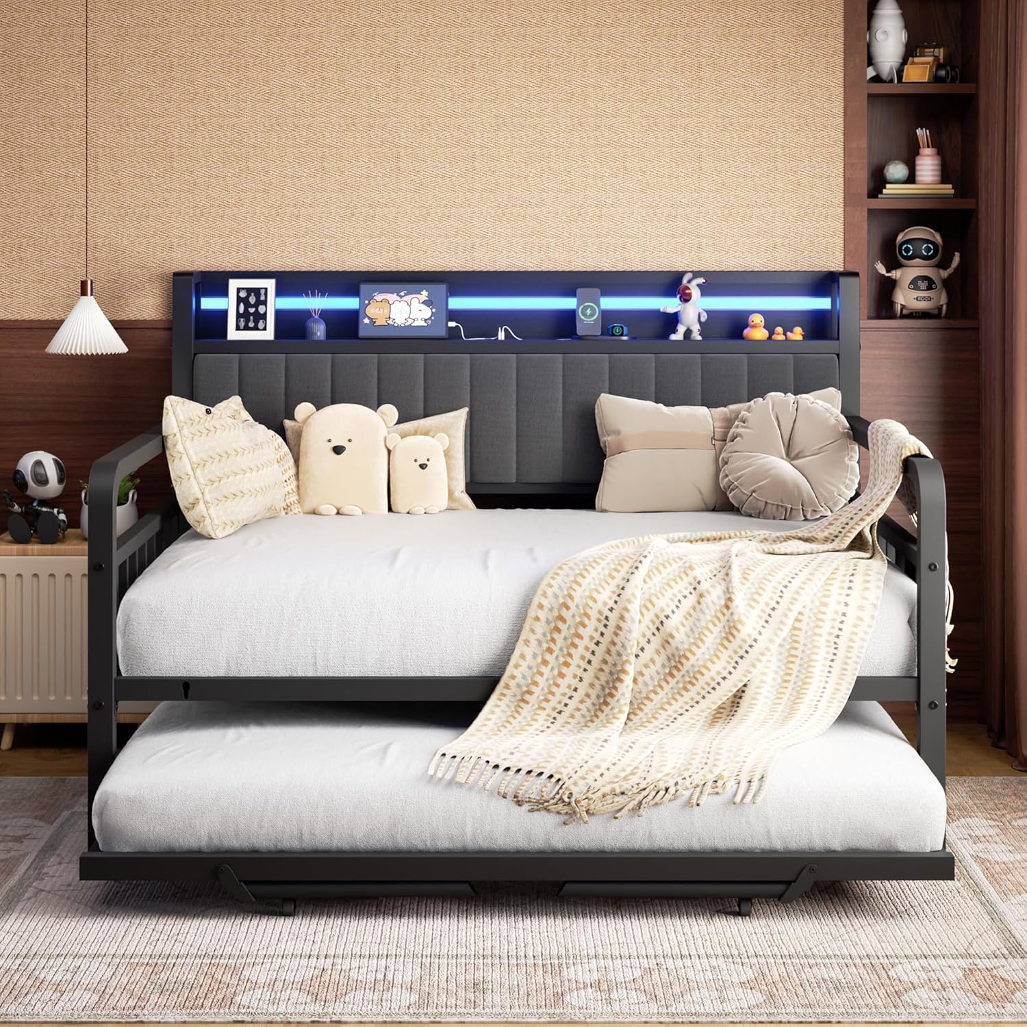 Daybed with Trundle and LED Light, Heavy Duty Metal Full Bed Frame with Upholstered Storage Headboard & Charging Station, Day Bed Pop Up Trundle Bed for Living Room,Bedroom and Guest Room, Black