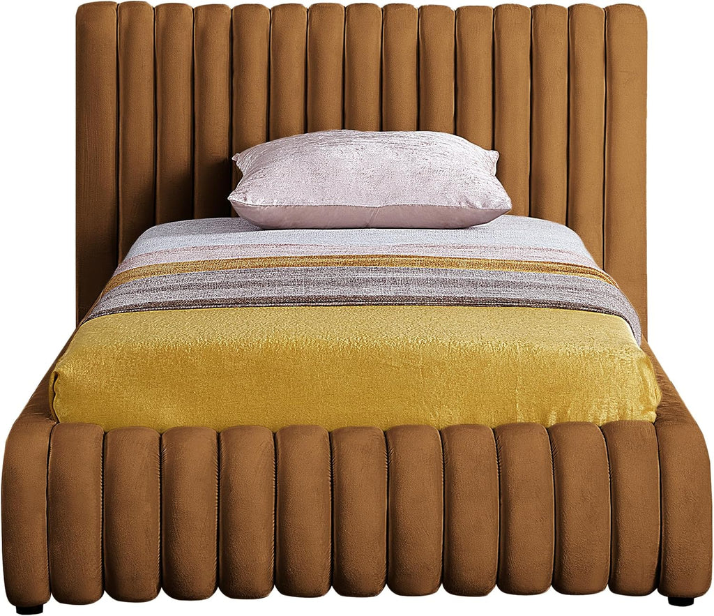 Meridian Furniture NicoSaddle-T Nico Collection Modern | Contemporary Velvet Upholstered Twin Bed with Rich Saddle Velvet and Deep Channel Tufting, 53' W x 86' D x 38' H, Saddle, Twin
