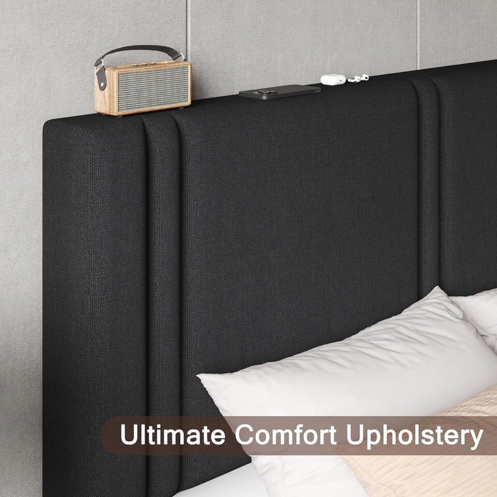 Einhomn Upholstered Full Size Bed Frame with Linen Fabric Headboard, Strong Wooden Slats Support, Noise Free, No Box Spring Needed, Black