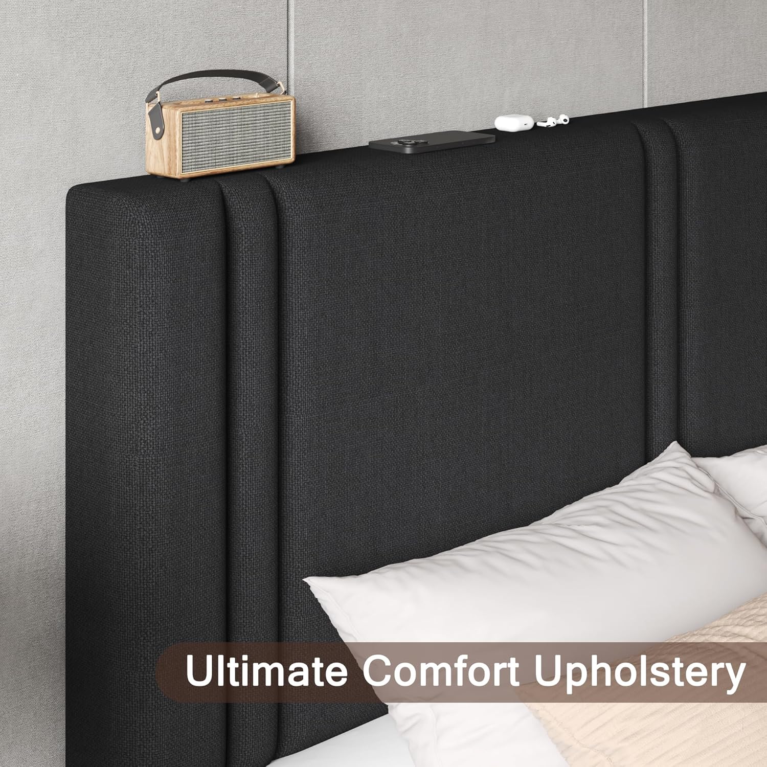 Einhomn Upholstered Full Size Bed Frame with Linen Fabric Headboard, Strong Wooden Slats Support, Noise Free, No Box Spring Needed, Black