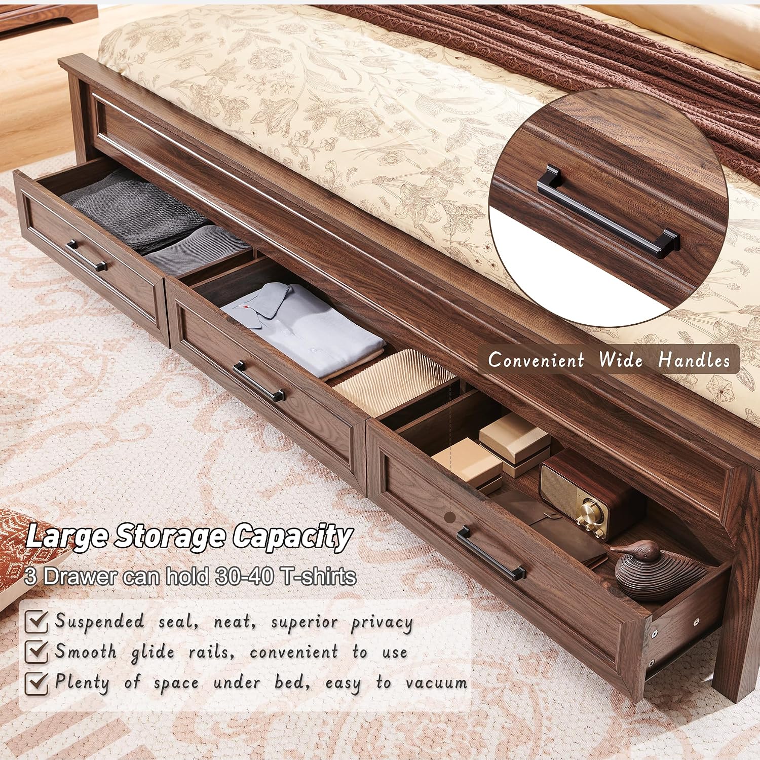 JXQTLINGMU Farmhouse Queen Wood Bed Frame with 52' Tall Headboard & 20' H Footboard, Platform Bedframe with Hidden Storage Drawers, Noiseless, No Box Spring Required, Brown