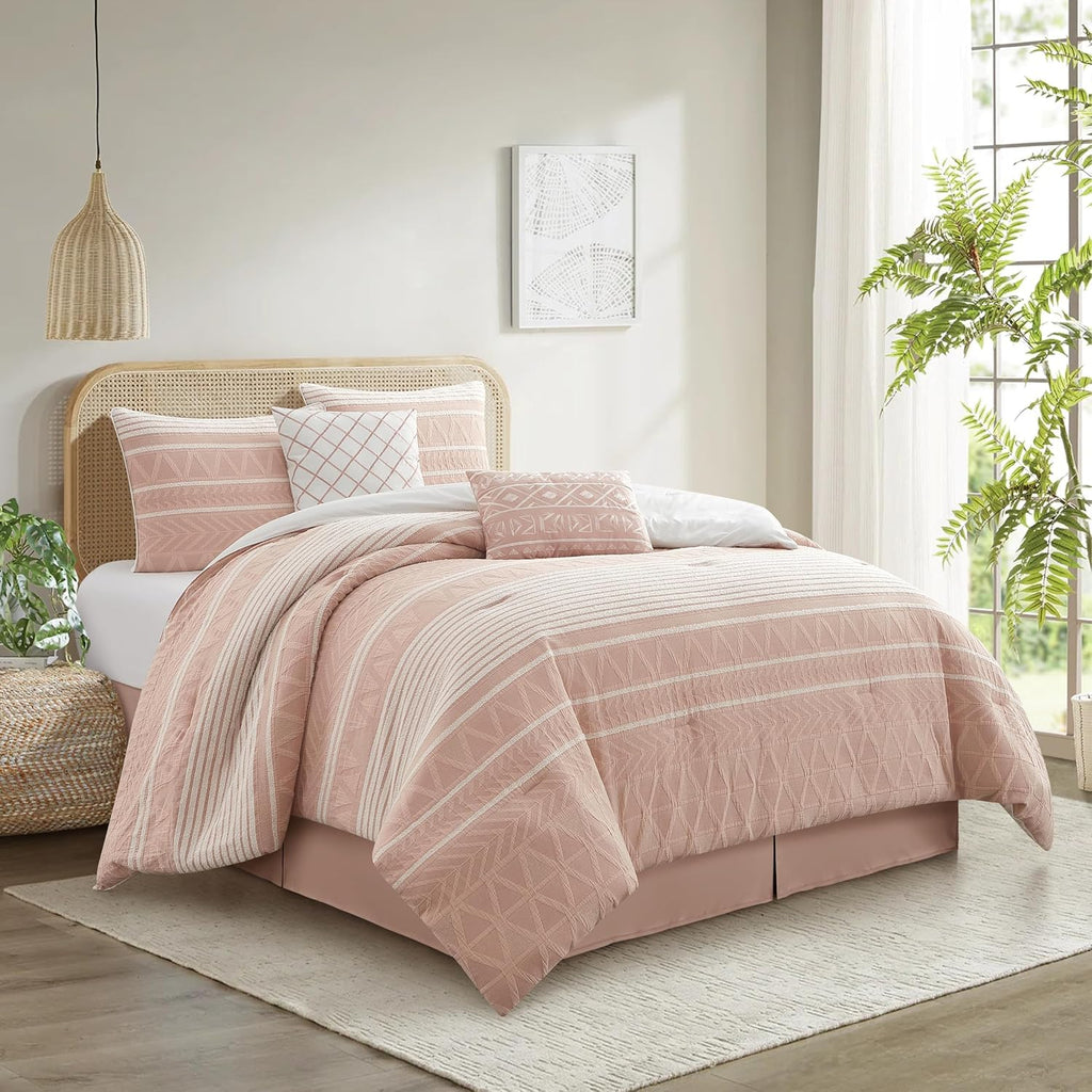 Stratford Park Cotton King Size Comforter Set, Blush Geometric Jacquard Bedding Set, Cozy 6 Piece Bedding Set, Bedskirt, Pillows & Shams, Home Decor