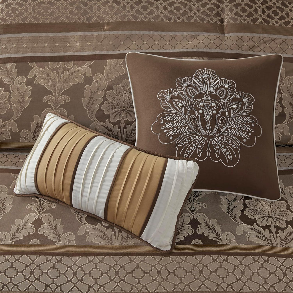 Madison Park Cozy Comforter Set - Luxurious Jaquard Traditional Damask Design, All Season Down Alternative Bedding with Matching Shams, Decorative Pillow Bellagio Brown/Gold Cal King(104'x92') 7 Piece