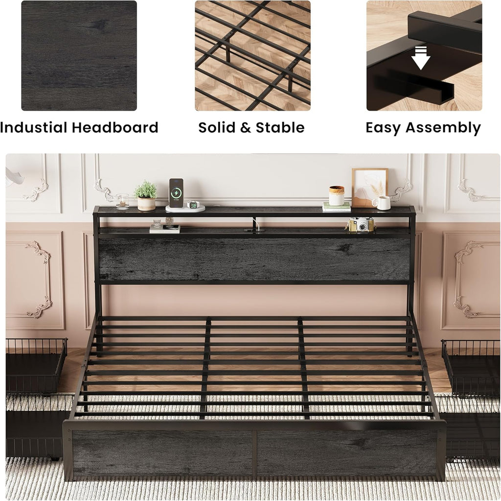 LIKIMIO King Size Bed Frame with 4 Storage Drawers, 2-Tier Storage Headboard with Charging Station, Double Bed Frame King Size for Bedroom, No Box Spring Needed, Easy Assembly, Charcoal Grey