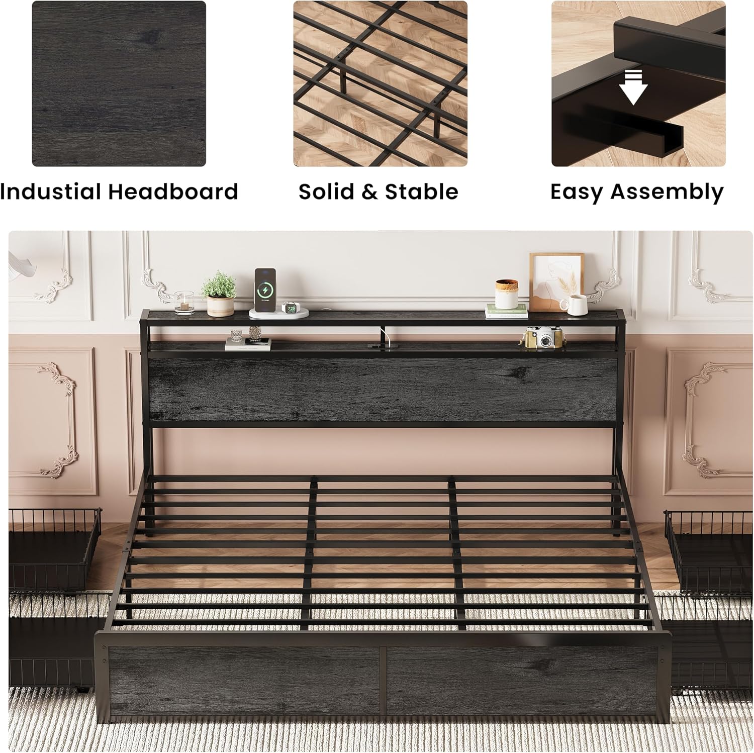 LIKIMIO King Size Bed Frame with 4 Storage Drawers, 2-Tier Storage Headboard with Charging Station, Double Bed Frame King Size for Bedroom, No Box Spring Needed, Easy Assembly, Charcoal Grey