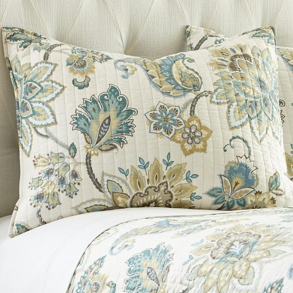 Levtex Home - Grey Palladium Quilt Set - Full/Queen Quilt 88x92in. + Two Standard Pillow Shams 26x20in. - Paisley - Green, Yellow, Grey, Blue, and White - Reversible - Cotton Fabric