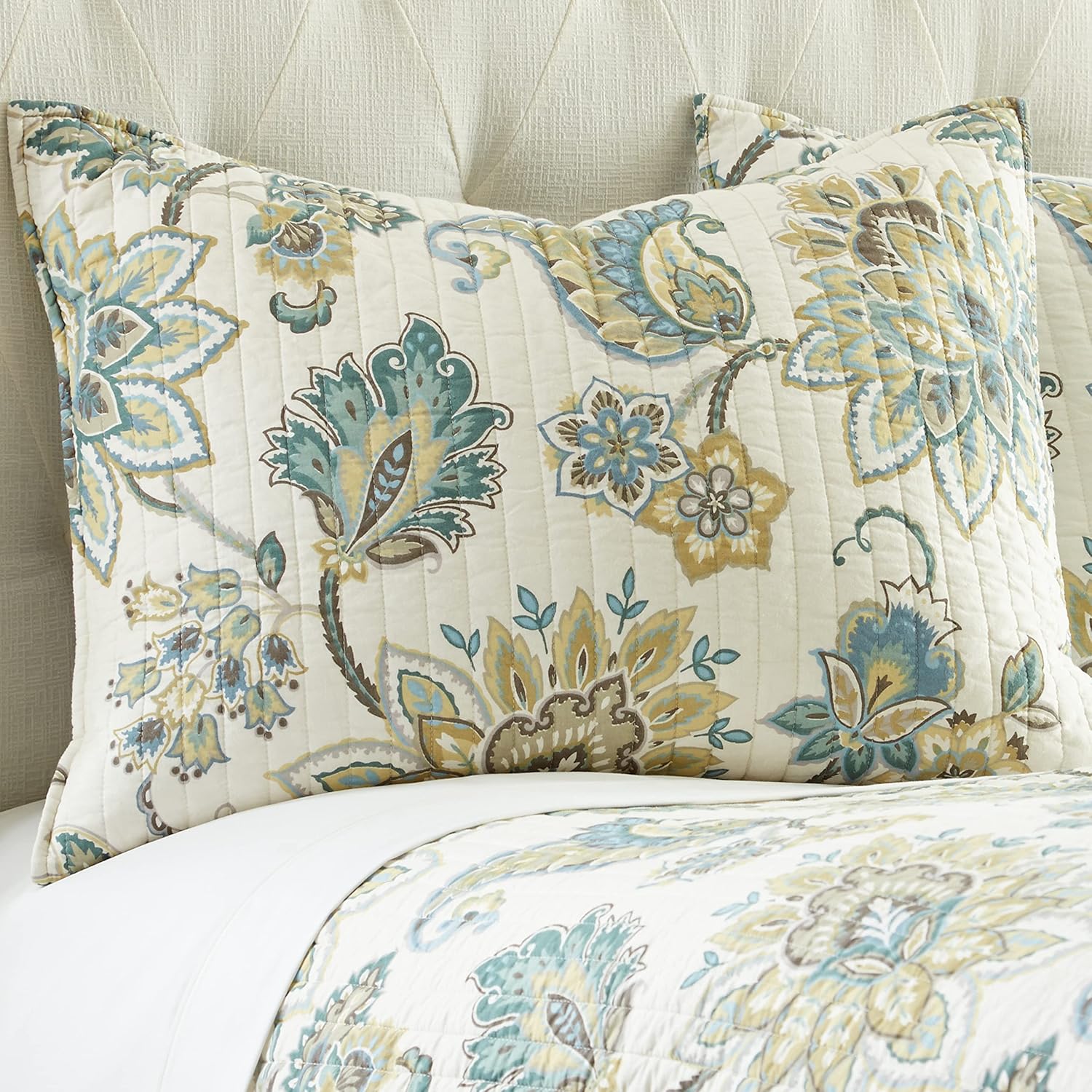 Levtex Home - Grey Palladium Quilt Set - Full/Queen Quilt 88x92in. + Two Standard Pillow Shams 26x20in. - Paisley - Green, Yellow, Grey, Blue, and White - Reversible - Cotton Fabric