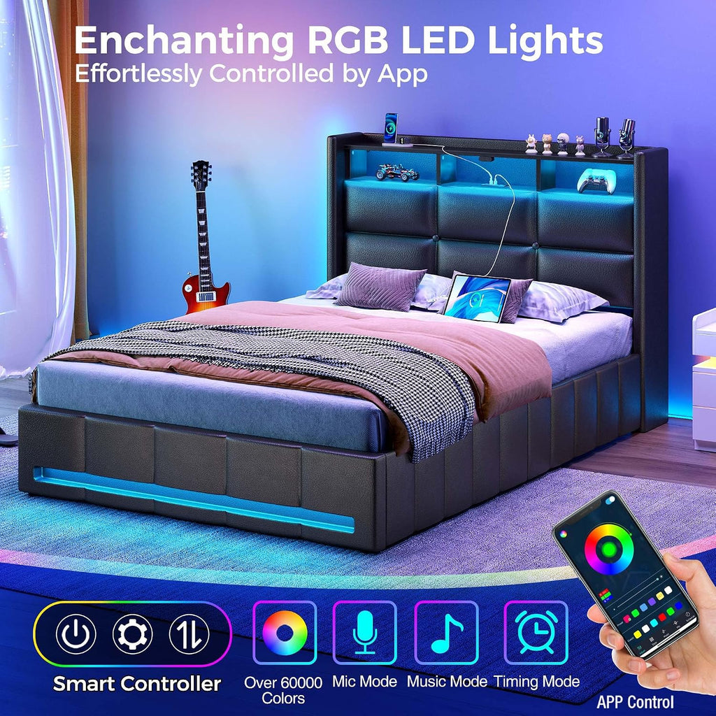 Rolanstar Bed Frame Twin Size with Lift Up Storage, Charging Station & LED Lights, Upholstered Storage Headboard, Heavy Duty Wooden Slats, No Box Spring Needed, Noise Free, Easy Assembly, Black